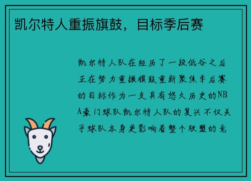 凯尔特人重振旗鼓，目标季后赛