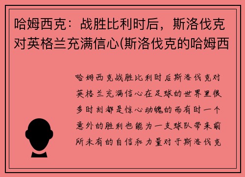 哈姆西克：战胜比利时后，斯洛伐克对英格兰充满信心(斯洛伐克的哈姆西克)