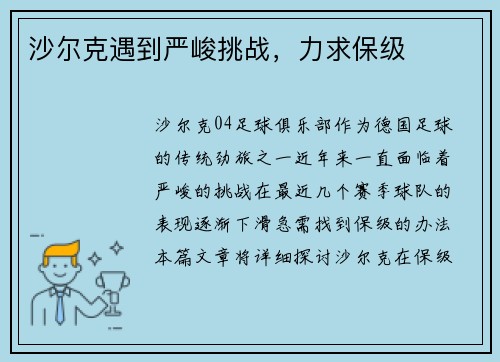 沙尔克遇到严峻挑战，力求保级
