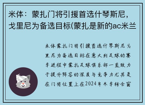 米体：蒙扎门将引援首选什琴斯尼，戈里尼为备选目标(蒙扎是新的ac米兰)