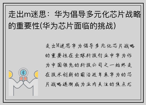 走出m迷思：华为倡导多元化芯片战略的重要性(华为芯片面临的挑战)