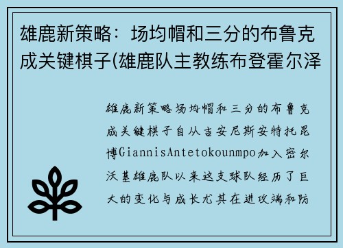 雄鹿新策略：场均帽和三分的布鲁克成关键棋子(雄鹿队主教练布登霍尔泽)