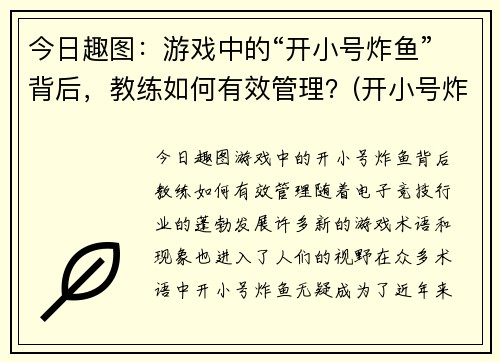今日趣图：游戏中的“开小号炸鱼”背后，教练如何有效管理？(开小号炸鱼什么意思)