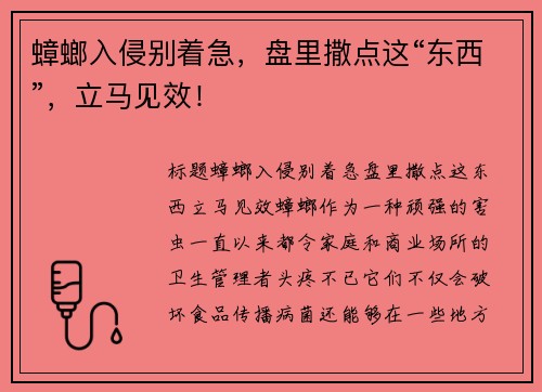蟑螂入侵别着急，盘里撒点这“东西”，立马见效！