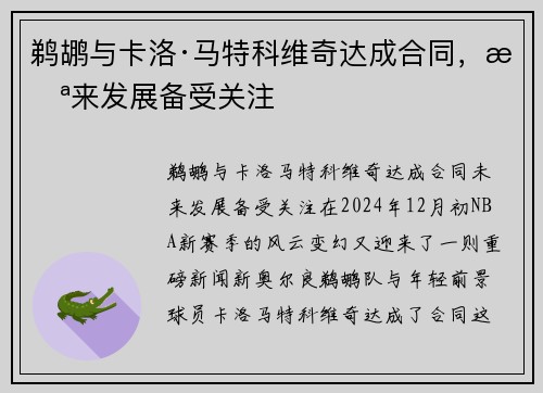 鹈鹕与卡洛·马特科维奇达成合同，未来发展备受关注