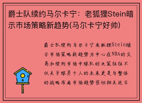 爵士队续约马尔卡宁：老狐狸Stein暗示市场策略新趋势(马尔卡宁好帅)